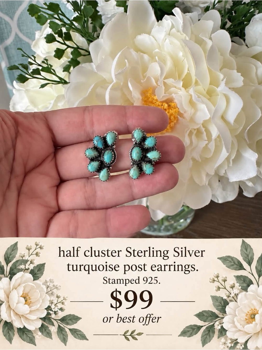 Turquoise Sterling Silver Post Stud Half Cluster Earrings π©΅